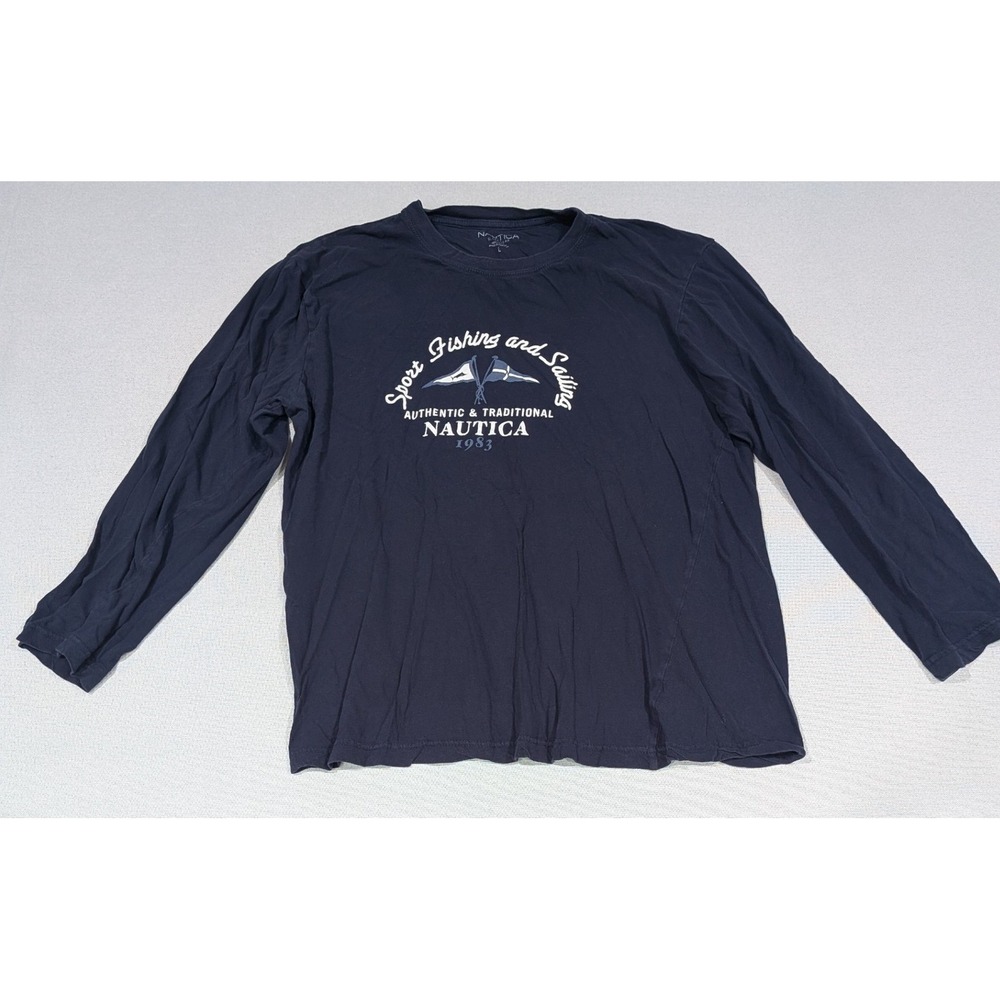 Nautica Sleep Shirt Womens Large Navy Blue Good Graphic Long Sleeve Cotton Top